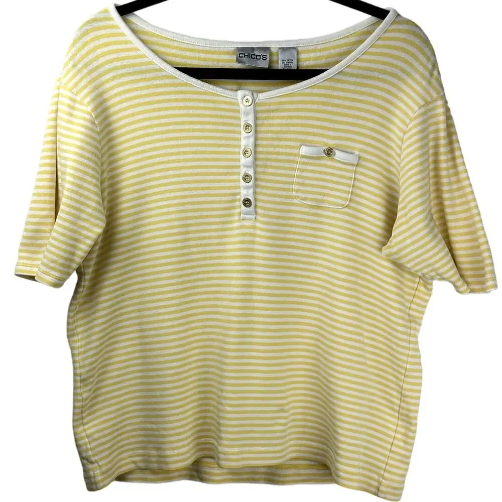 Chico's Women Sz Large Costal Button Front Boat Neck Detail Stripped Cotton Top - Picture 1 of 9